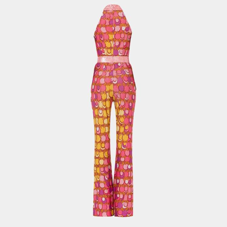 Pre Owned Moschino Couture Pink Printed Lurex Jersey Sequin Trim Jumpsuit XS