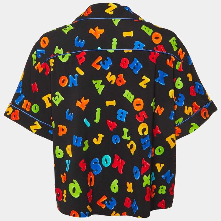 Pre Owned Moschino Couture Black Letter Print Crepe Short Sleeve Shirt L
