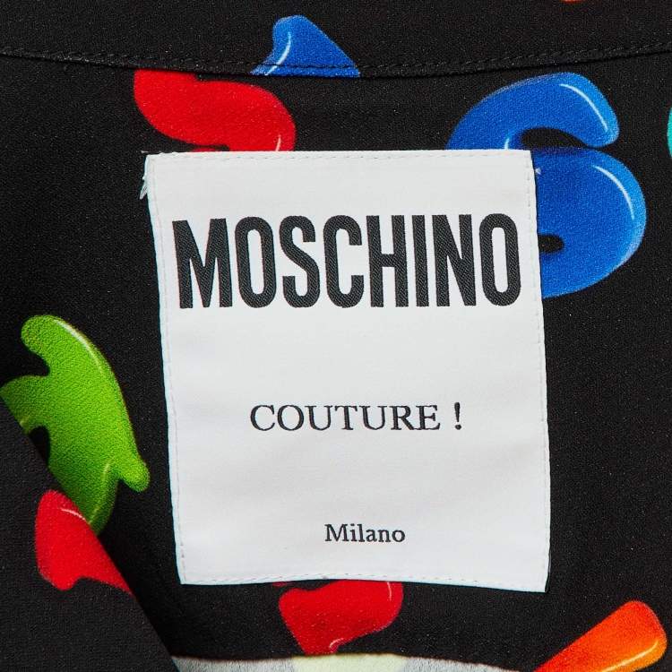 Pre Owned Moschino Couture Black Letter Print Crepe Short Sleeve Shirt L