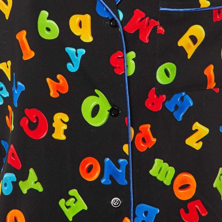 Pre Owned Moschino Couture Black Letter Print Crepe Short Sleeve Shirt L