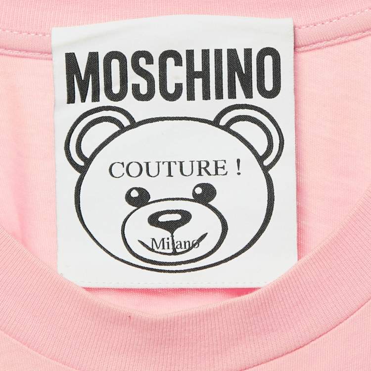 Pre Owned Moschino Couture Pink Glitter Teddy Applique Cotton T-Shirt S