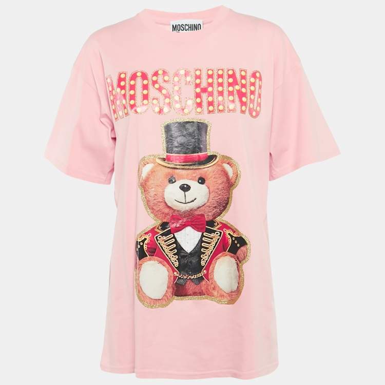 Pre Owned Moschino Couture Pink Glitter Teddy Applique Cotton T-Shirt S