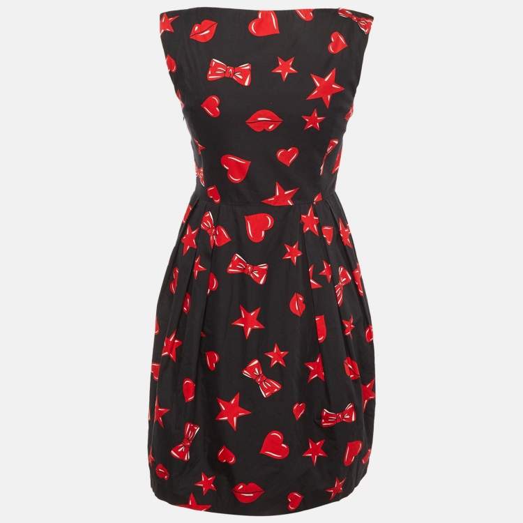 Pre Owned Moschino Couture Black Printed Cotton & Silk Mid Dress S
