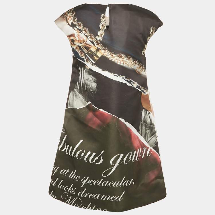 Pre Owned Moschino Couture Black Printed Satin Shift Dress S
