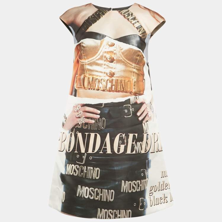 Pre Owned Moschino Couture Black Printed Satin Shift Dress S