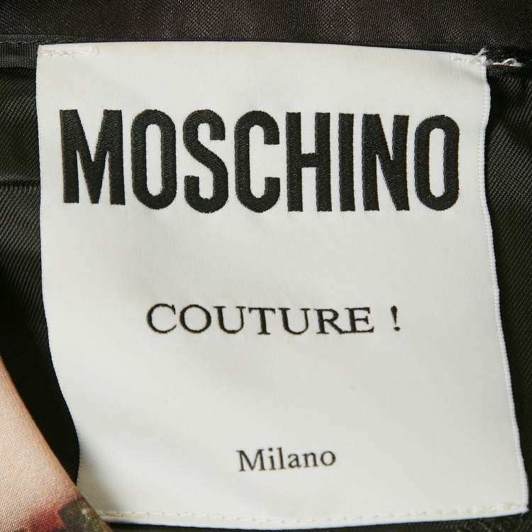 Pre Owned Moschino Couture Black Printed Satin Shift Dress S