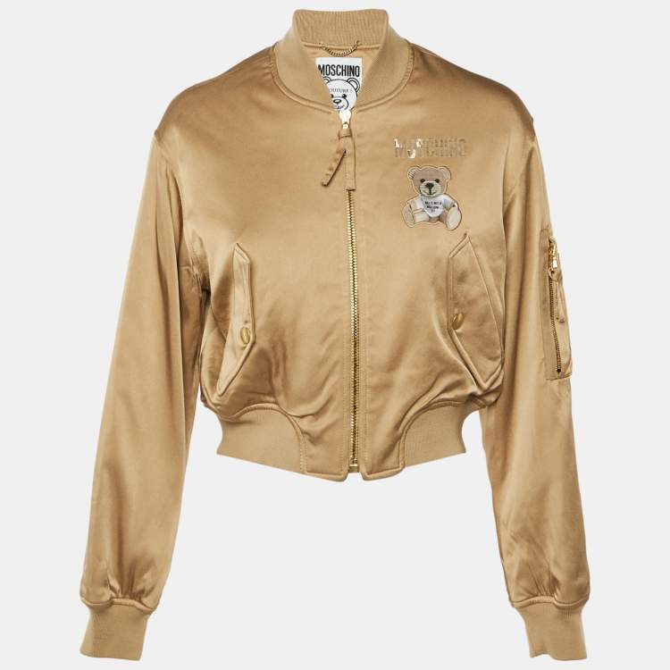 Pre Owned Moschino Couture Beige Teddy Print Synthetic Cropped Bomber Jacket S