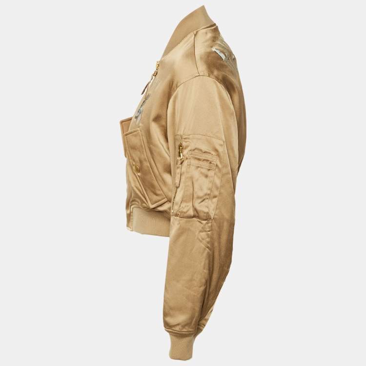 Pre Owned Moschino Couture Beige Teddy Print Synthetic Cropped Bomber Jacket S