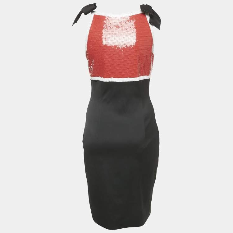 Pre Owned Moschino Couture  Black Satin Contrast Sequined Bow Detail Mini Dress M