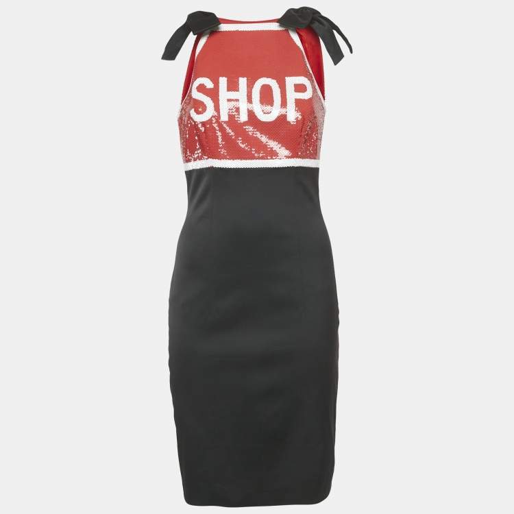 Pre Owned Moschino Couture  Black Satin Contrast Sequined Bow Detail Mini Dress M