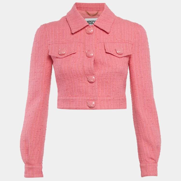 Pre Owned Moschino Couture Pink Tweed Teddy Button Detail Crop Jacket XS