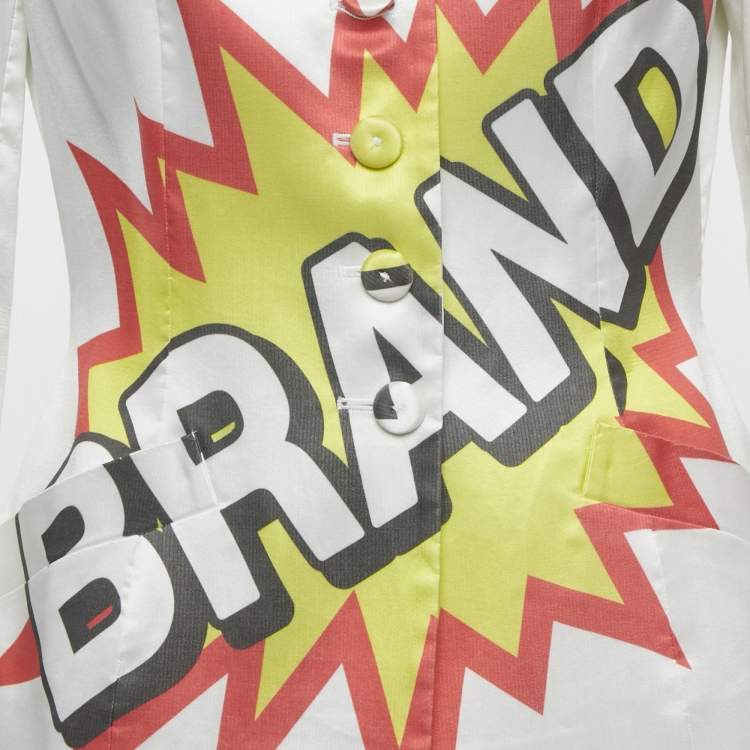 Pre Owned بليزر موسكينو كوتور مزيج القطن بشعار الماركة أبيض مقاس وسط (ميديوم)