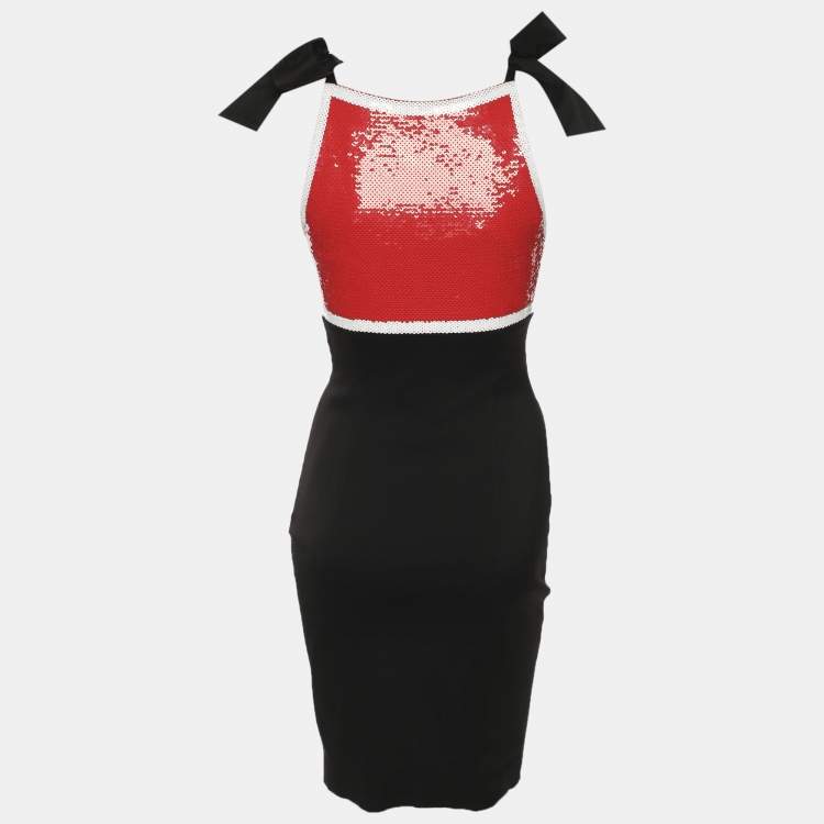 Pre Owned Moschino Couture Black/Red Satin and Sequin Bodycon Dress S