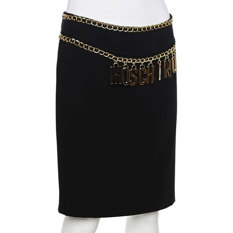 مملوكة مسبقًا Moschino Couture Black & Gold Logo Chain Detailed Crepe Short Skirt M