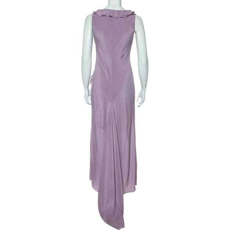 Pre Owned Moschino Cheap & Chic Lilac Silk Chiffon Rose Floral Draped Slit Detail Maxi Dress M
