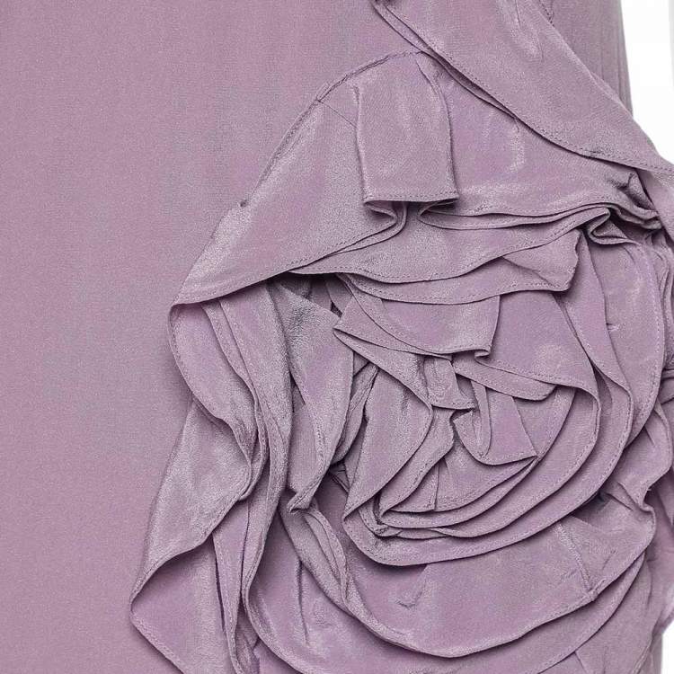 Pre Owned Moschino Cheap & Chic Lilac Silk Chiffon Rose Floral Draped Slit Detail Maxi Dress M