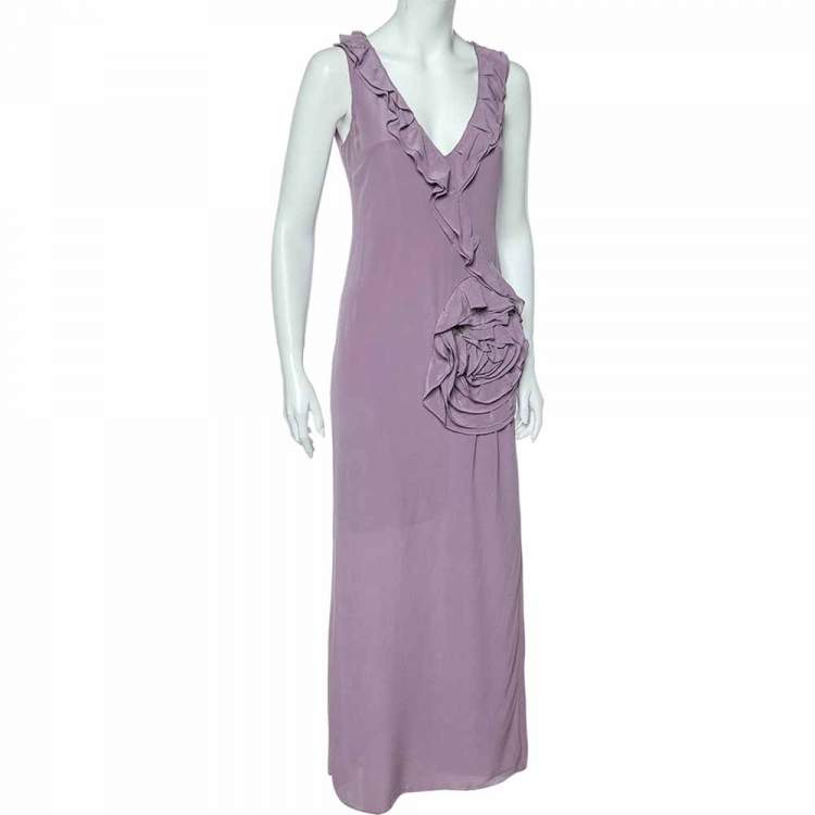Pre Owned Moschino Cheap & Chic Lilac Silk Chiffon Rose Floral Draped Slit Detail Maxi Dress M