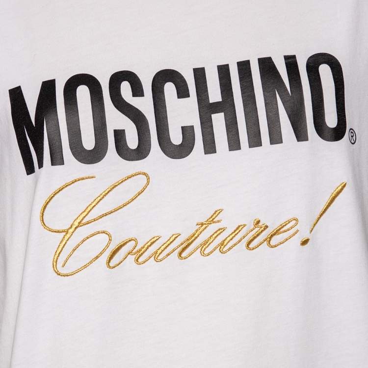 Pre Owned Moschino Couture White Logo Embroidered Cotton Oversized T-Shirt XS