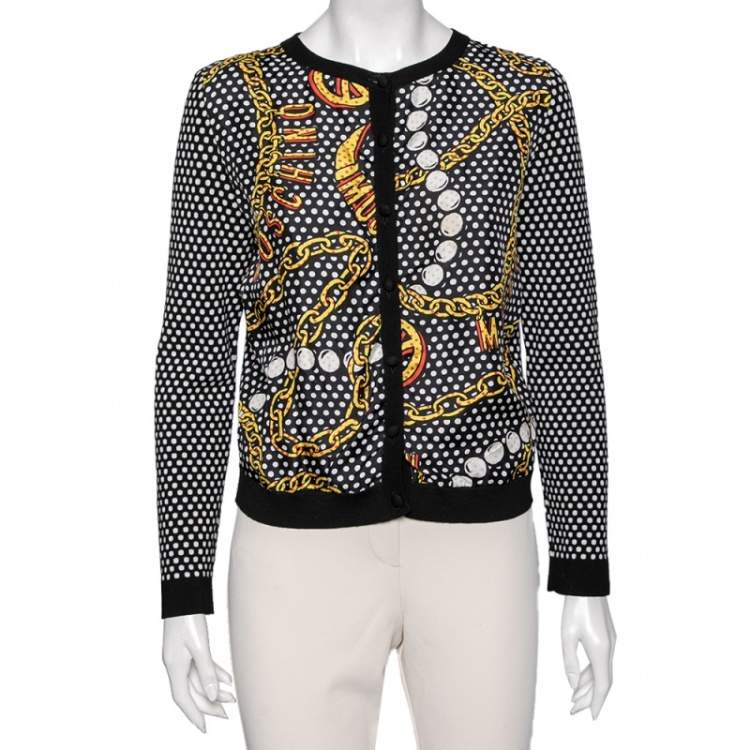 Pre Owned Moschino Couture Multicolored Polka Dotted Chain Print Crepe & Knit Cardigan S