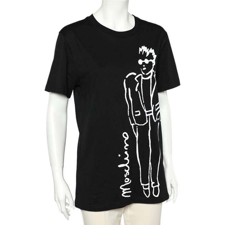 Pre Owned Moschino Couture Black Printed Cotton Crewneck T-Shirt L