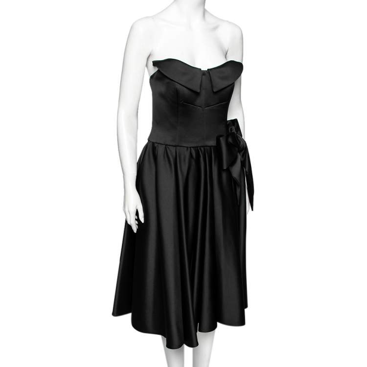 Pre Owned Moschino Couture Black Satin Bow Detail Strapless Pleated Dress M