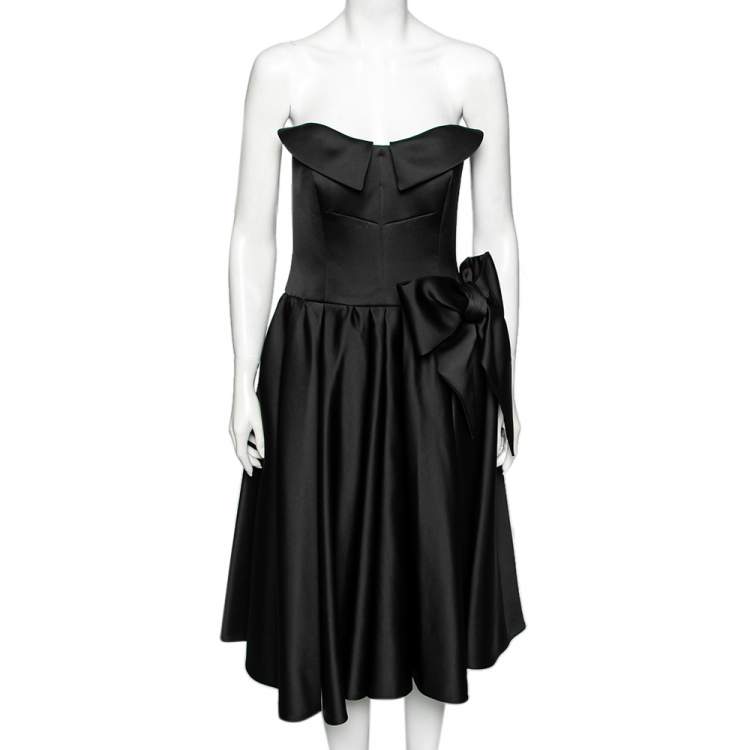 Pre Owned Moschino Couture Black Satin Bow Detail Strapless Pleated Dress M
