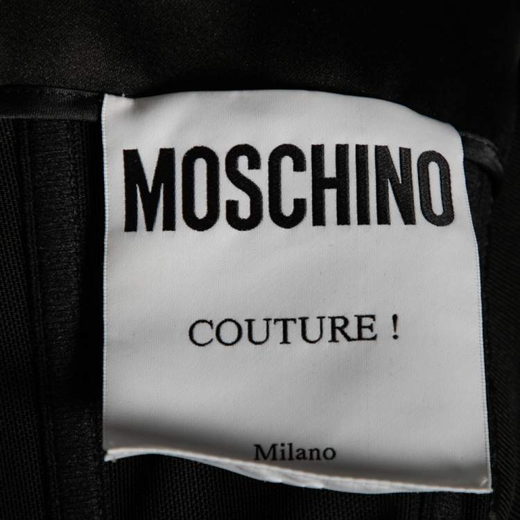 Pre Owned Moschino Couture Black Satin Bow Detail Strapless Pleated Dress M