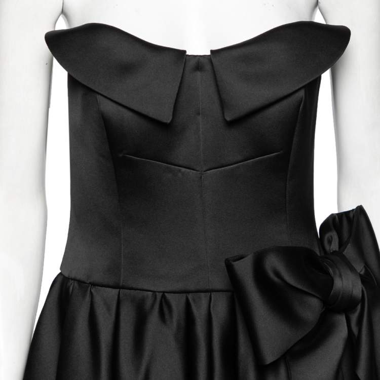 Pre Owned Moschino Couture Black Satin Bow Detail Strapless Pleated Dress M