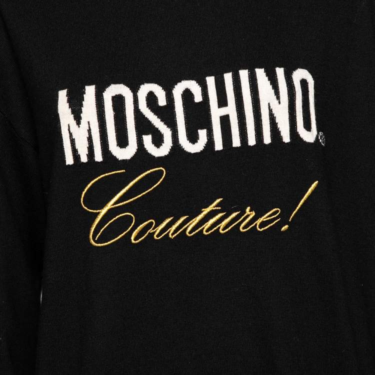 Pre Owned Moschino Couture Black Logo Intarsia Knit & Embroidered Crewneck Sweater M