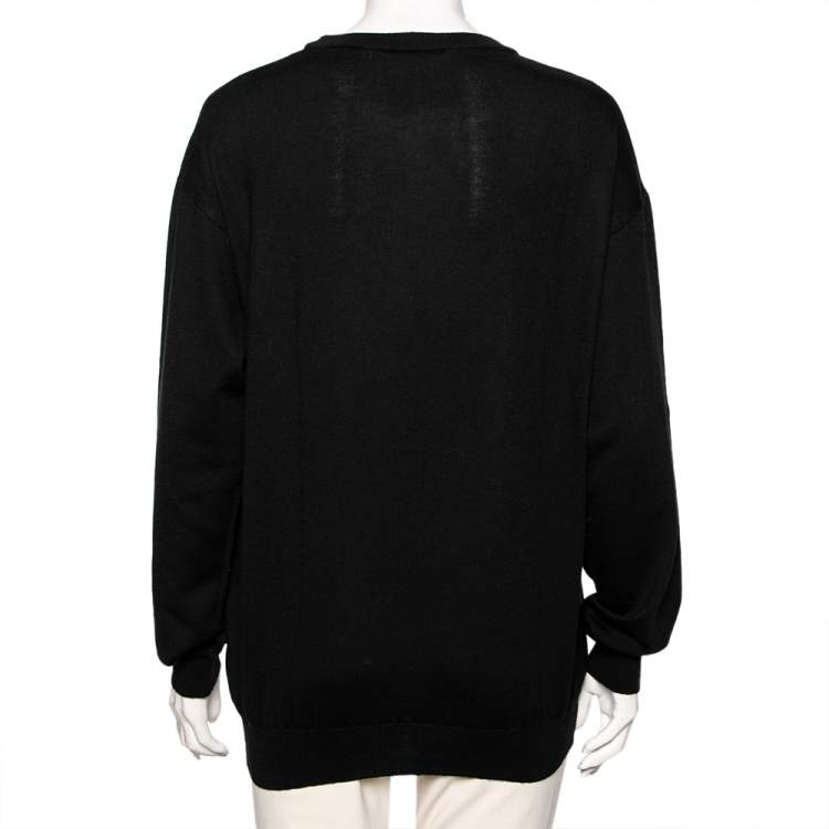 Pre Owned Moschino Couture Black Logo Intarsia Knit & Embroidered Crewneck Sweater M