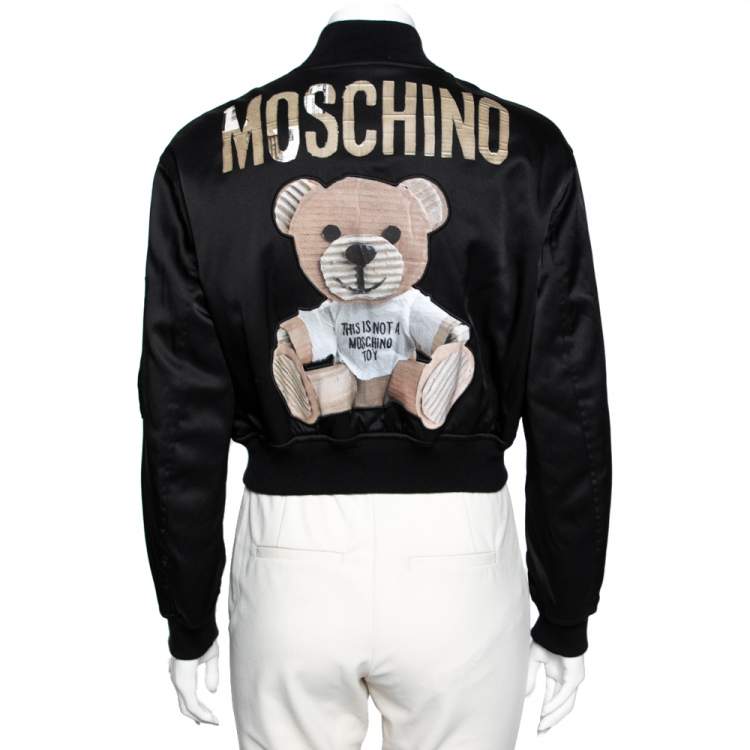 Pre Owned Moschino Couture Black Teddy Print Synthetic Cropped Bomber Jacket S