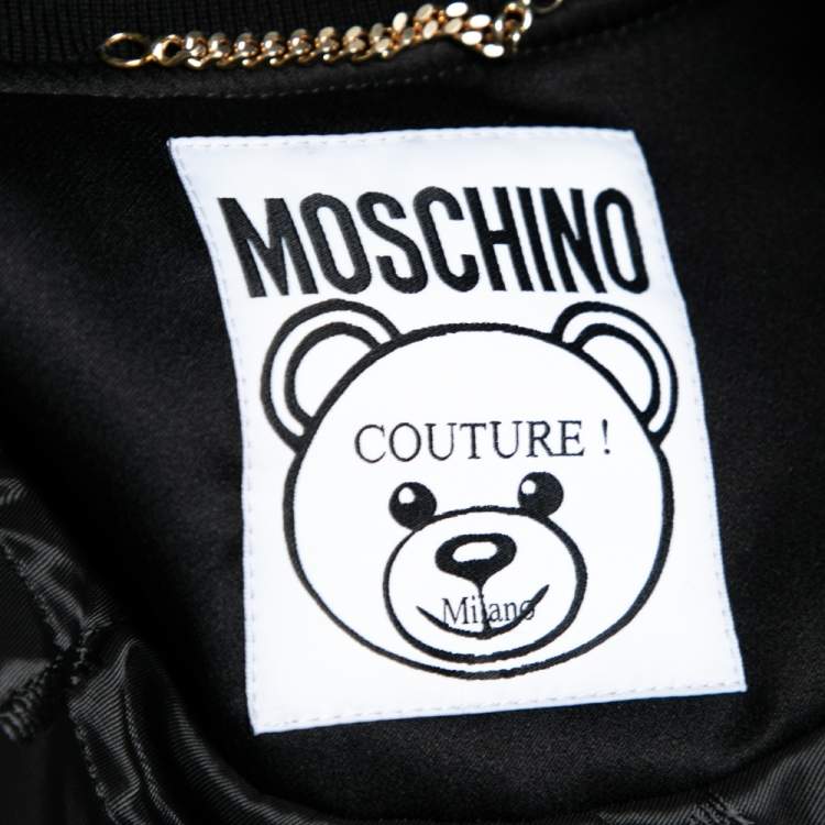 Pre Owned Moschino Couture Black Teddy Print Synthetic Cropped Bomber Jacket S