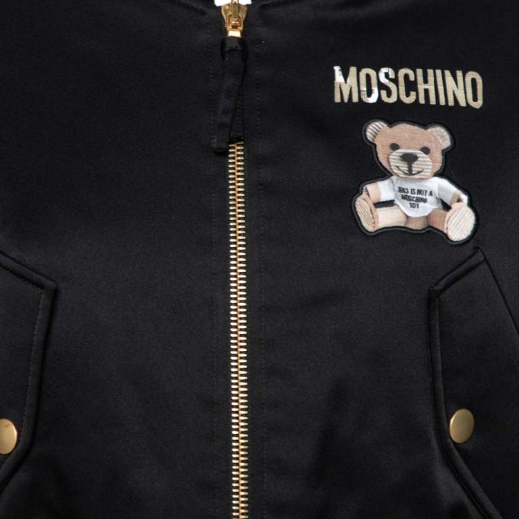 Pre Owned Moschino Couture Black Teddy Print Synthetic Cropped Bomber Jacket S