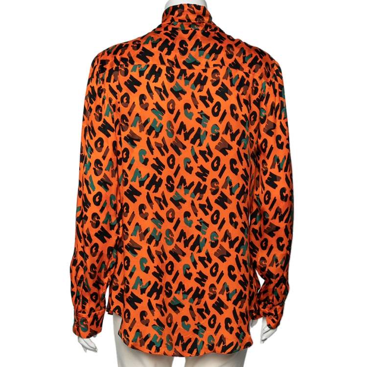 Pre Owned Moschino Couture Orange Printed Silk Neck Tie Detail Shirt L