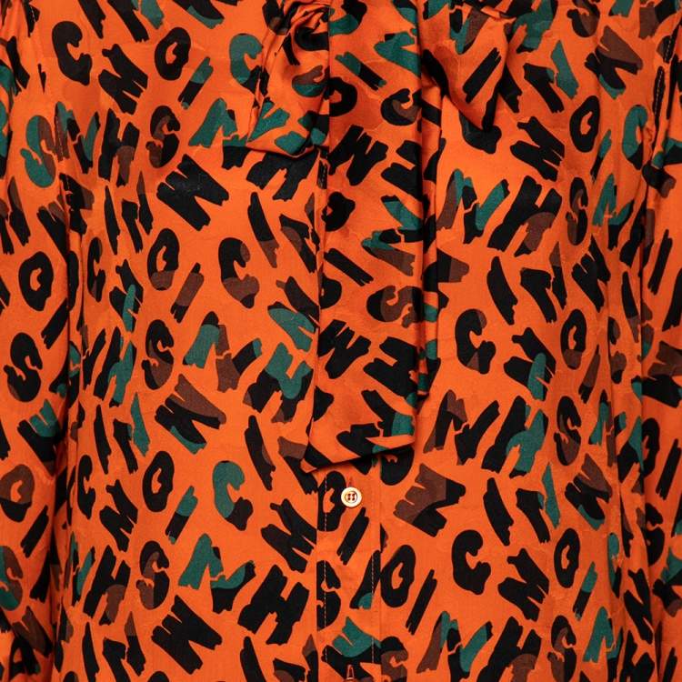 Pre Owned Moschino Couture Orange Printed Silk Neck Tie Detail Shirt L