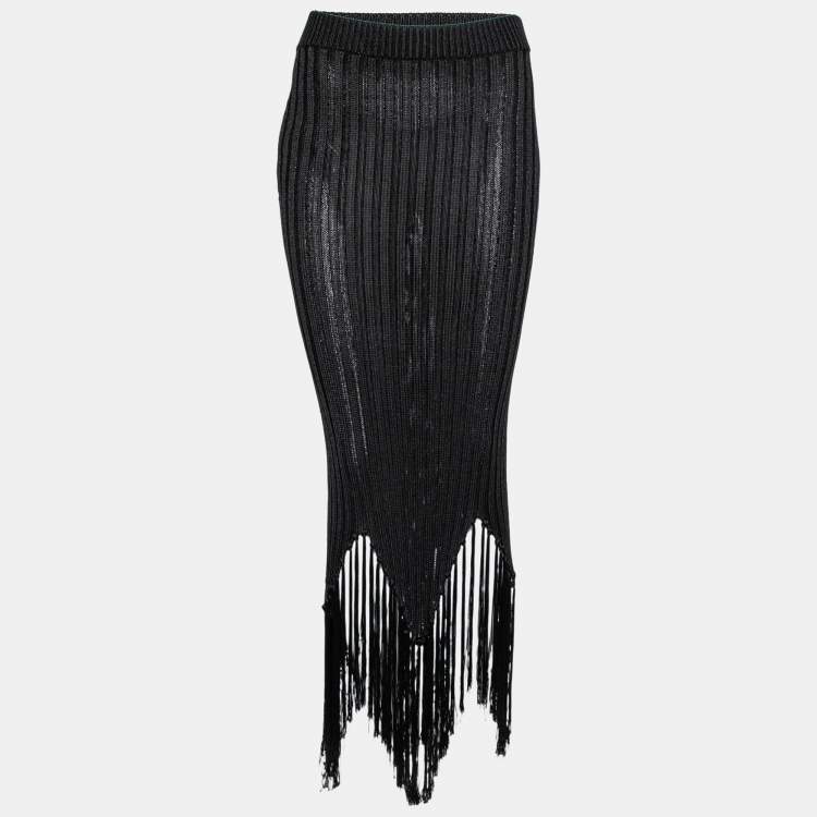 Pre Owned Moschino Couture Black Knit Fringe Detailed Hem Midi Skirt M