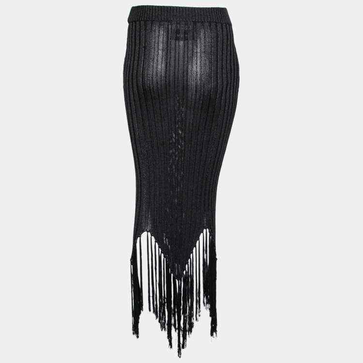 Pre Owned Moschino Couture Black Knit Fringe Detailed Hem Midi Skirt M