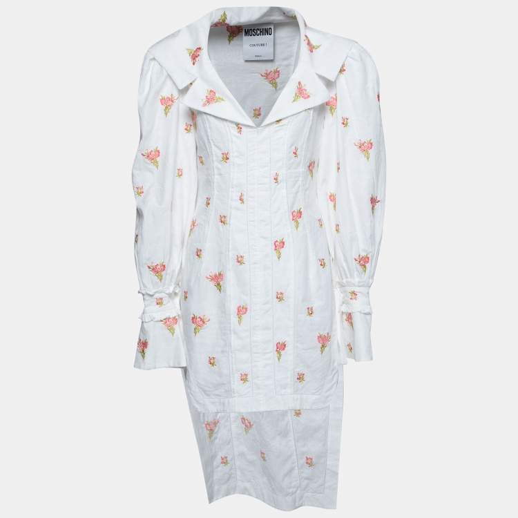 Pre Owned Moschino Couture White Cotton Floral Embroidered High-Low Dress M