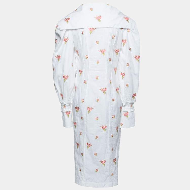 Pre Owned Moschino Couture White Cotton Floral Embroidered High-Low Dress M