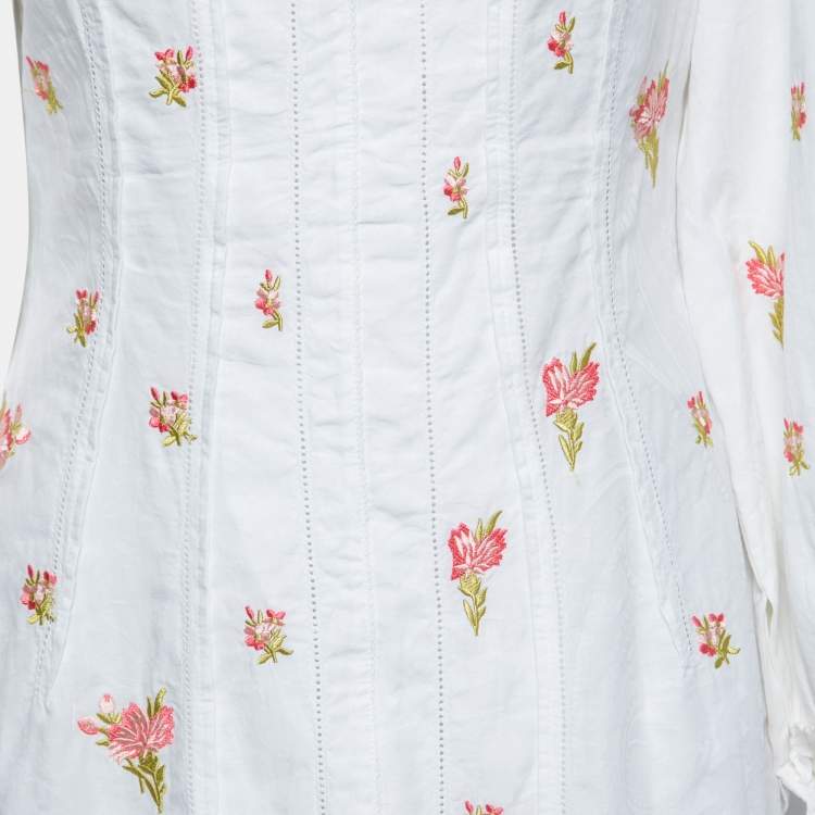 Pre Owned Moschino Couture White Cotton Floral Embroidered High-Low Dress M