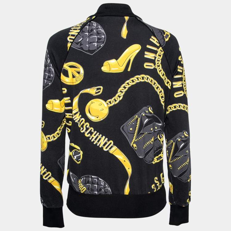 Pre Owned Moschino Couture Black/Yellow Logo Printed Cotton Zip Front Jacket M