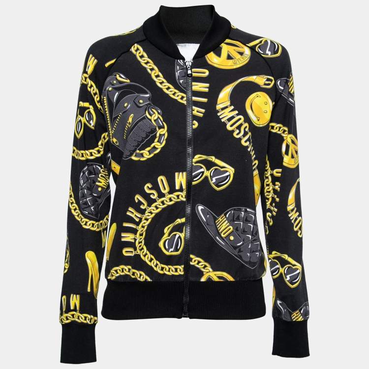 Pre Owned Moschino Couture Black/Yellow Logo Printed Cotton Zip Front Jacket M