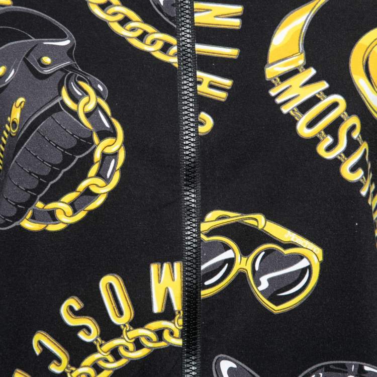 Pre Owned Moschino Couture Black/Yellow Logo Printed Cotton Zip Front Jacket M