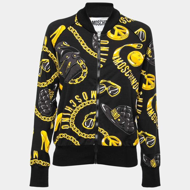 Pre Owned Moschino Couture Black Printed Cotton Zip Front Jacket M