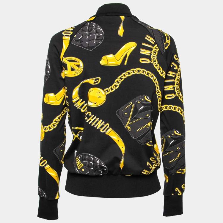 Pre Owned Moschino Couture Black Printed Cotton Zip Front Jacket M