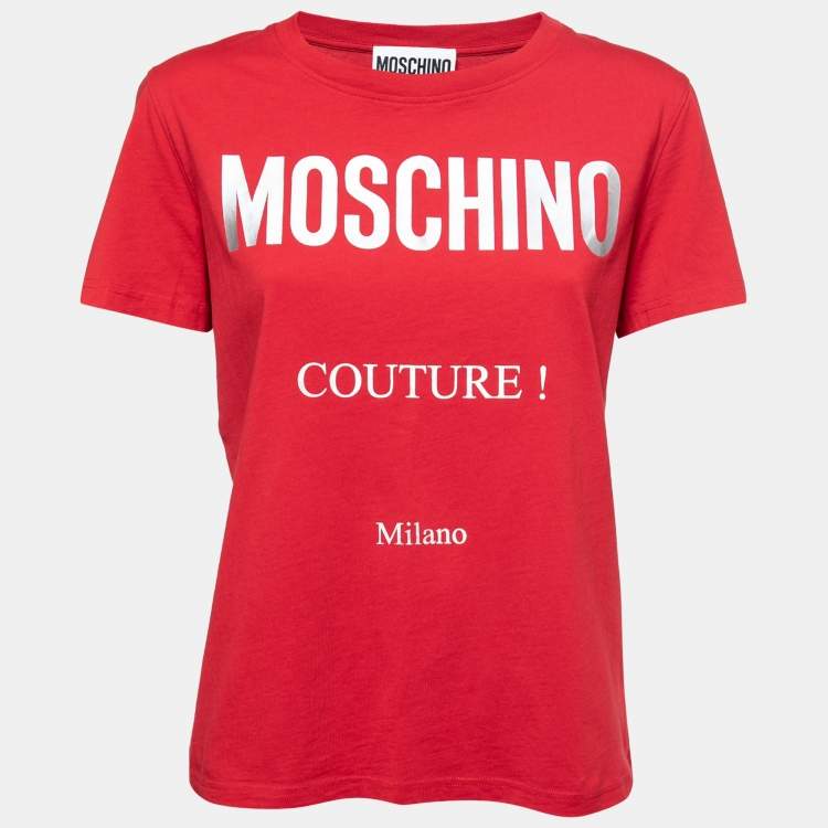 Pre Owned Moschino Couture Red Cotton Logo Printed Short Sleeve T-Shirt S