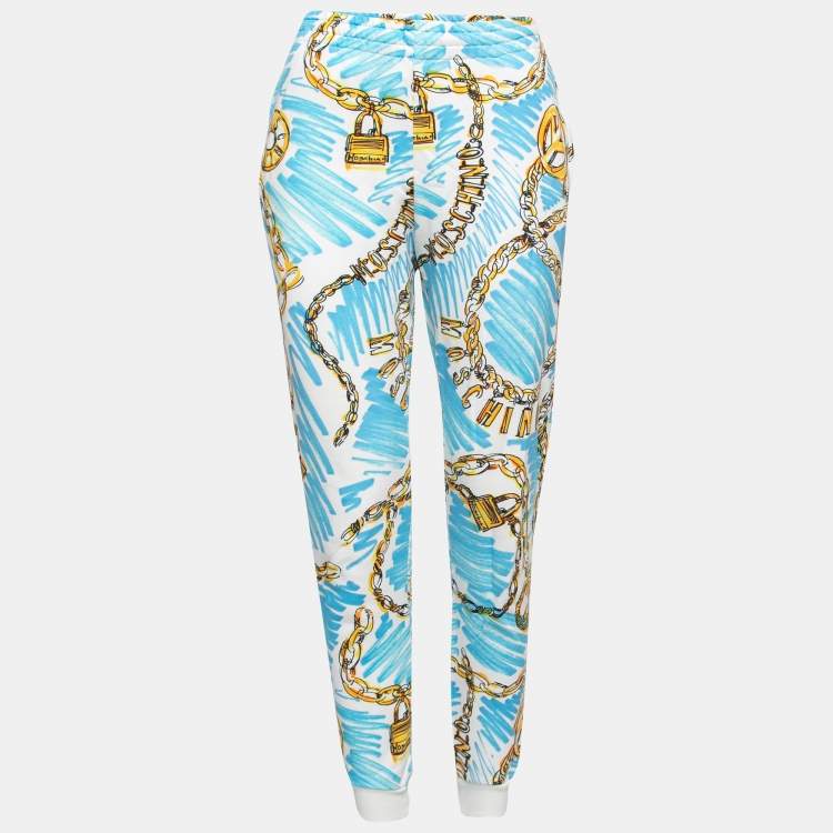Pre Owned Moschino Couture Blue Chain Printed Cotton Joggers S