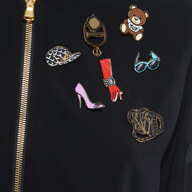 Pre Owned Moschino Couture Black Knit Pin-Embellished Belted Zip-Up Jacket S