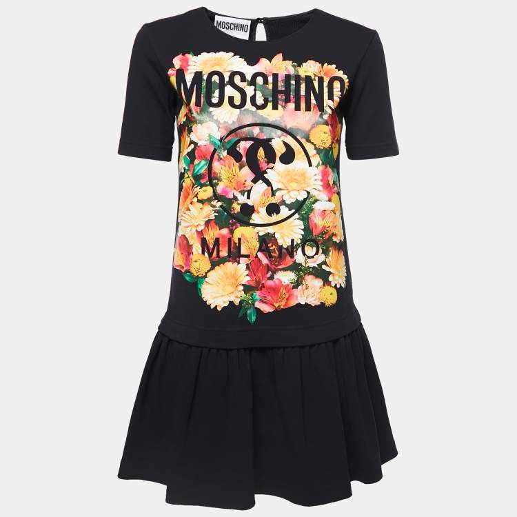 Pre Owned Moschino Couture Black Floral Print Cotton Ruffle Detail Dress S