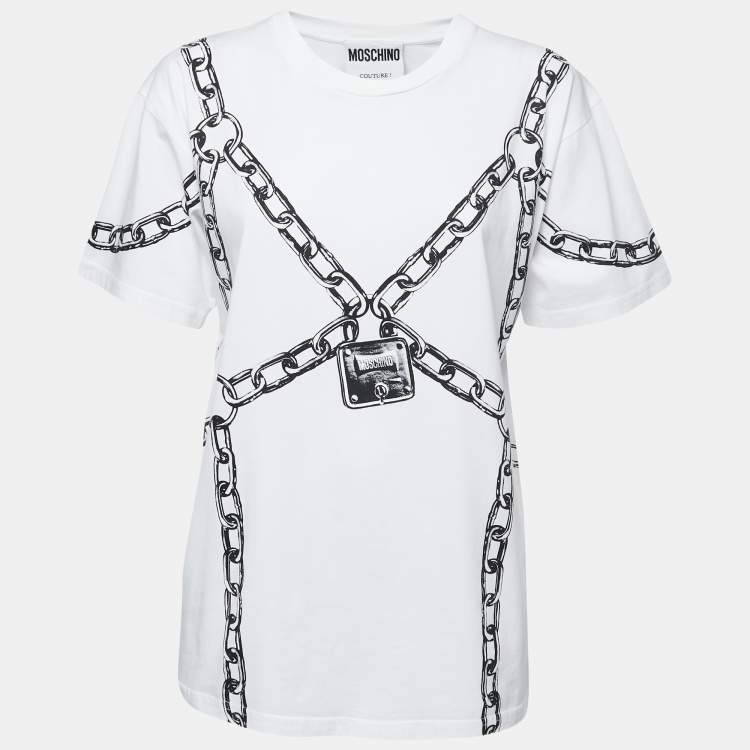 Pre Owned Moschino Couture White Cotton Chain Print Oversized T-Shirt XXS